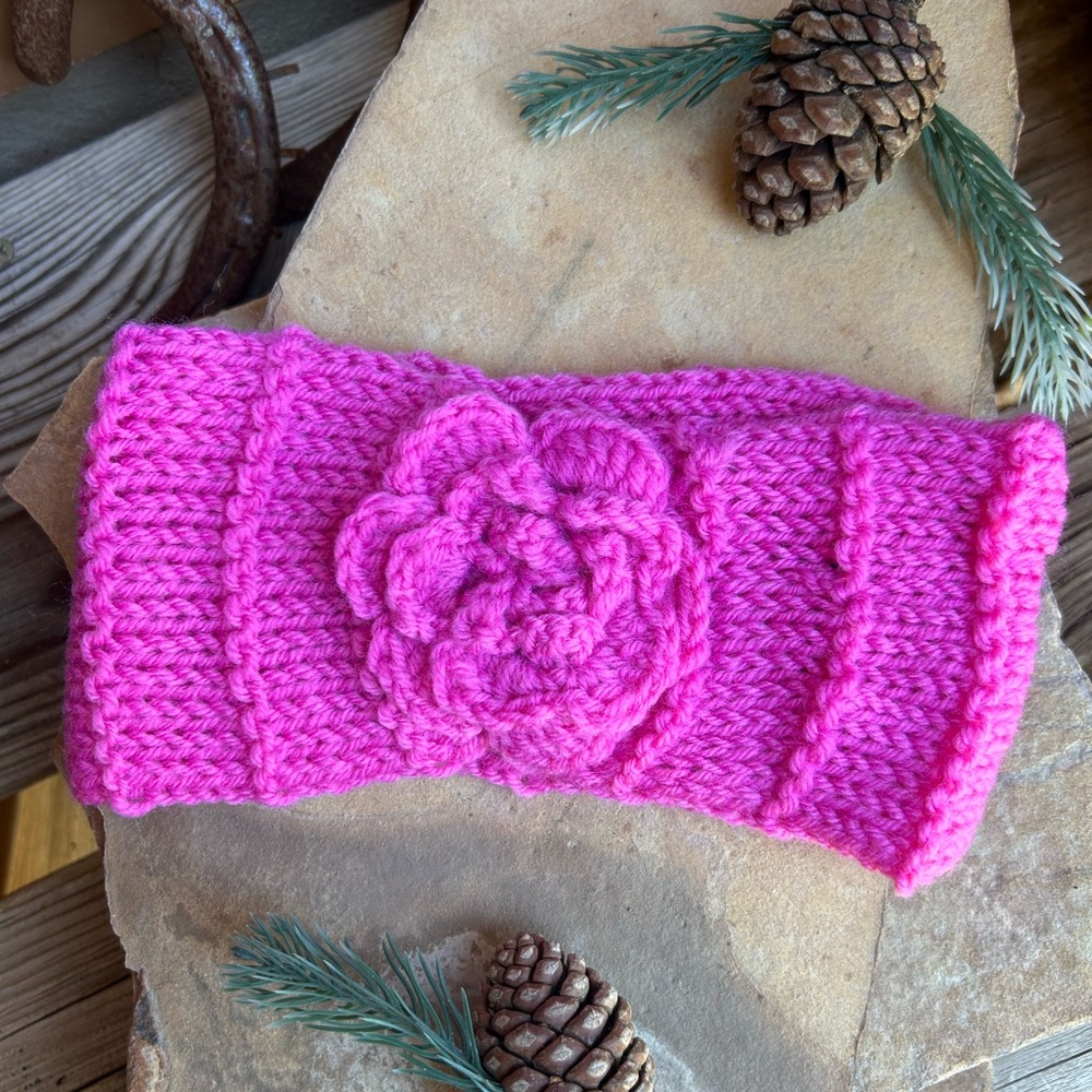 Pink Colorful Knit Headband with Floral Design NWT One size fits all
